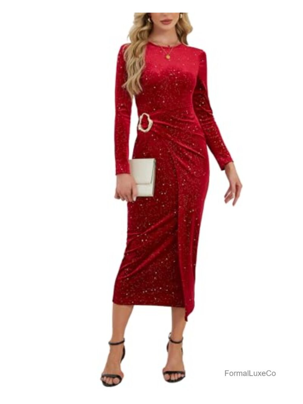 Velvet Bodycon Long Sleeve Midi Dress Sequin Glitter Wrap Party Cocktail